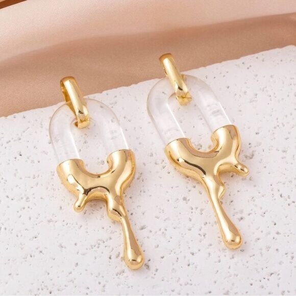 Irregular Melting Goldtone Resin Drop Earrings - Picture 3 of 3